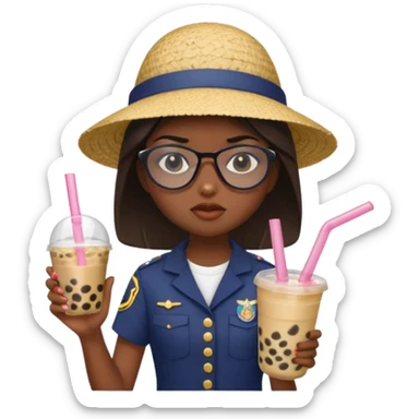 A Angry Teen Female with Dark skin and Bald, oval face, wearing a Uniform outfit, a Sunhat, Sunglasses, carrying a Enchanted staff, working as a teacher, while drinking Bubble tea and reading a Comic.
 sticker