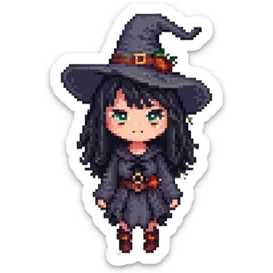A cute witch with black hair and black eyes, pixel art style, facing forward. sticker