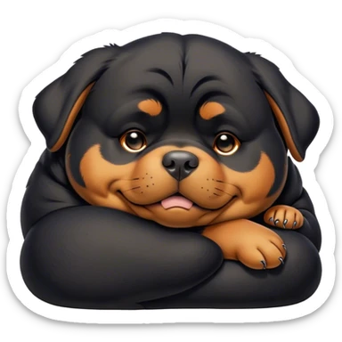 Cinematic Chubby Sleeping Rottweiler Portrait Emoji, Chubby and serene, with a robust, adorable build and a soft, plush black coat with tan markings, eyes gently closed in peaceful slumber, Simplified yet irresistibly endearing features, highly detailed, glowing with a gentle, dreamy glow, high shine, relaxed and content, stylized with a touch of whimsy, bright and heartwarming, soft glowing outline, capturing the essence of a blissfully sleepy guardian, so comically serene it feels like it could roll out of the screen and snore with adorable charm! sticker