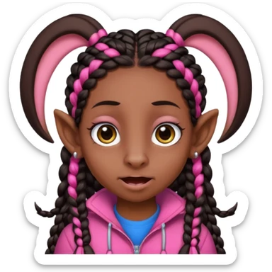 arikan, dark long hair whit pink and black braids. brown skin, smal face and a super big nose and super big ears. big eyes. big mouth sticker