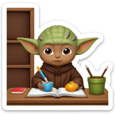 Baby Yoda con su tunica chocolate leyendo en un cuaderno sobre un escritorio en un aula de clases sticker