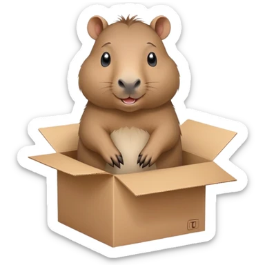  A very cute gery young happy Kapibala with one's head tilted to one side poked its paws out of the cardboard big box and placed them on top of it sticker