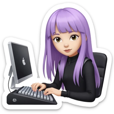 lilac girl with long hair and bangs worker and acessories with a pc worten the clothes black like an alternative sticker