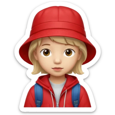 Little student wears red bucket hat and jacket, backpack, shy sticker