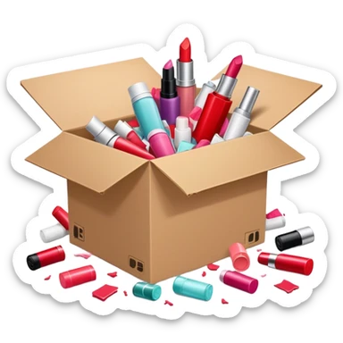 cardboard box bursting open with lipsticks, shampoo, and nail polish scattered everywhere, symbolizing disorganization sticker