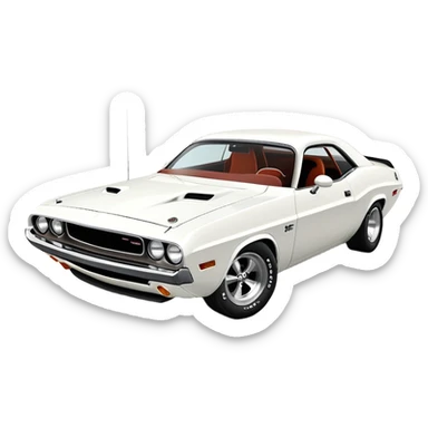 Structurally accurate white 1971 Dodge Challenger from Death Proof, perfect three-quarter perspective at 30 degrees, consistent proportions, detailed front end and side profile, all white, iOS emoji style sticker