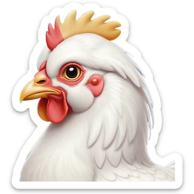 Cinematic Noble White Chicken Portrait Emoji, Poised and regal, with a compact, sturdy build and a pristine, well-groomed pure white plumage, deep-set soulful beady eyes, Simplified yet sharp and sophisticated features, highly detailed, glowing with a soft, dignified glow, high shine, intelligent and alert, stylized with an air of barnyard elegance, focused and attentive, soft glowing outline, capturing the essence of a watchful and confident fowl, so majestic it feels as though it could strut out of the screen with effortless authority! sticker