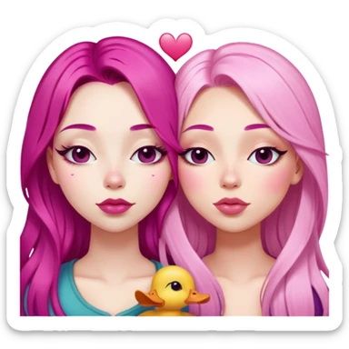 gorgeous pale girl with long magenta pink hair latina makeup next to a gorgeous blonde girl with a light pink heart above them in between eyes closed making duck lips faces sticker