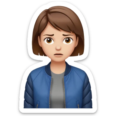 a woman with a brown short hair, looking at the left, frustrated, wearing a trendy jacket, only upper body, high quality sticker