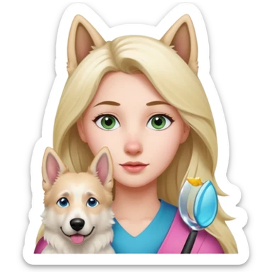 White European young woman with blue-green eyes and long blond hair with her white German Shepherd dog,the Dog has a pink nose and short fur  and Brown eyes sticker