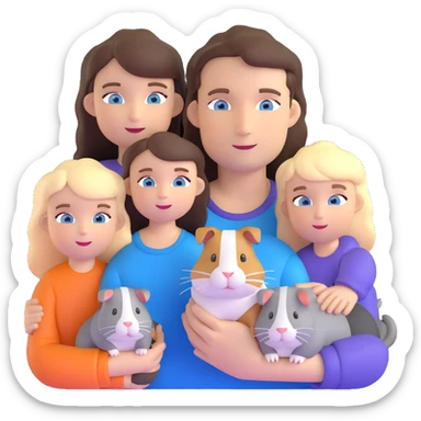 Family portrait with father with dark brown hair and blue eyes, mother with light brown hair and blue eyes, three blonde little girls with blue eyes, plus a grey cat and two guinea pigs sticker