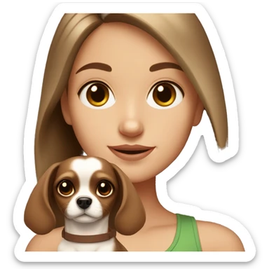 White girl with dark brown hair and middle part in her hair holding tan and brown chihuahua sticker