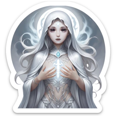 Cinematic, Ultra realistic 32k HD, Breathtaking piece of art, rim lighting, hauntingly beautiful art, mostly greyscale, Balanced features, highly detailed digital artwork, glowing with silver light, glowing, high shine, deviant adoptable, highly detailed clothing, remembrance, a painting of white silver, fanciful, enchanting, ghostly, embodying the essence of both reality and fantasy, dreamy, dreamy glow, optical illusion, immaculate composition, complex pose, air composition. The image is so lifelike that it feels as though it could leap off the canvas at any moment sticker