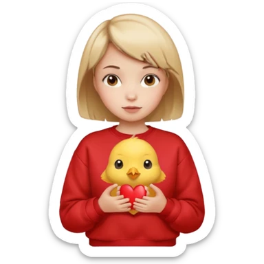 una niña con el pelo corto, con la sudadera de forma de pollito sujetando un corazón sticker