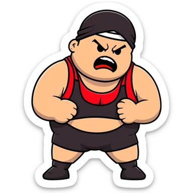 Close-up of white skin fat guy with prominent black durag, completely shaved face, no beard or mustache, black eyes in a red and black wrestling singlet with angry face sticker