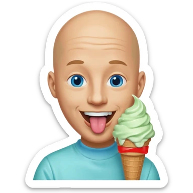 Smiling Bald man  blue eyes with mint ice cream cone all over his face sticking out tongue sticker