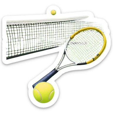 A tennis racket with a bright yellow tennis ball resting on it, set against the backdrop of a well-maintained tennis court. The scene emphasizes the smooth lines of the court and the focus on the ball and racket, symbolizing the elegance and precision of the sport sticker