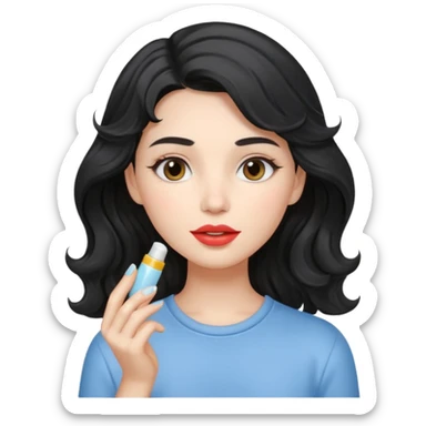 “Girl with light-black wavy hair, soft and flowing. She holds a lip balm just near her lips, about to apply it. The lip balm gives her lips a subtle glossy shine, making them look smooth, hydrated, and naturally pretty sticker