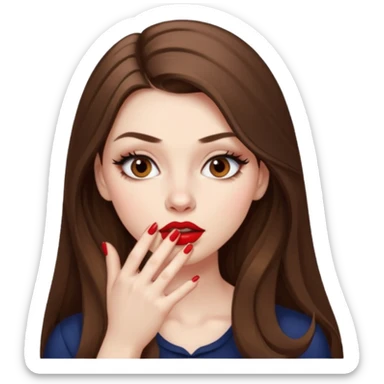 A girl with long brown hair, eyeliner, long lashes, light brown eyes, pale skin and red lipstick biting her nails nervously. sticker