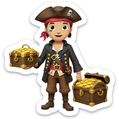 A 3D cartoon pirate character with one eye covered by a black eye patch, holding a treasure chest filled with gold coins and jewels, standing on sandy ground, wearing a pirate hat and coat, warm sunset lighting, realistic Memoji-style rendering. sticker