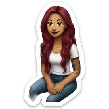 Beautiful tattooed burgundy long haired woman sitting on a bench sticker