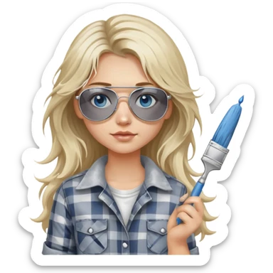girl with long blond messy hair, "white paint on her face" wearing grey plaid shirt with blue eyes and aviator sunglasses wearing a ring on her silver necklace, holding a paint brush roller sticker