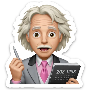 Doc Brown, in Back to the Future, with his hair all over the place and his mouth wide open. No glasses. Wearing a silver dress with black trim, a pink collared shirt and a white tie, holding a calendar.  sticker