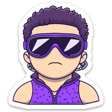 male athlete with white skin and moderately curly black hair on top with shaved sides, wearing ski goggles with purple frames and very dark black lenses, a simple plain black chain necklace, and a completely unzipped shiny vest with purple and black sequin fire pattern design, fully revealing his chest and abs, no earrings sticker