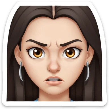 angry girl with long dark brown hair, grey eyes, nose earring on right, pierced ears sticker