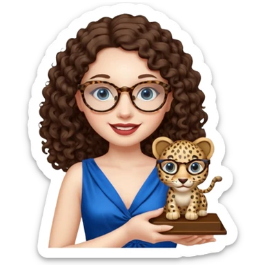 A girl with white pale skin, blue eyes, full lips, brunette LONG curly hair. She has a leopard print round-ish shaped glasses. She is wearing a white plain silk dress. She is holding an award and happy sticker