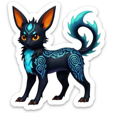 Shiny Fiery Dark Ugly Evil Glowing Eldritch Horror Cool Edgy Badass Emo Glorious Demonic Batty Punky Aural Iridescent Fluorescent Bioluminescent Umbreon-Amaura-Salandit-Litten-Flareon-Fakémon-fusion (full body) with intricate pattern markings sticker