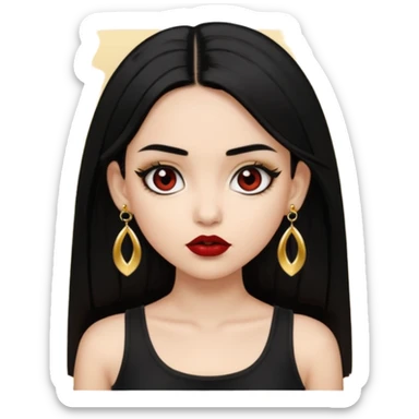 A light skinned girl with black hair, black eye, straight hair, big eyes, dark red lipstick, wearing black crop top and gold earrings, nosepiece  sticker