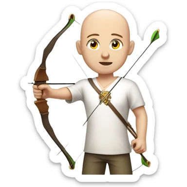 a male archer aiming with a bow looking at his target, wearing a white shirt, no hair, bright skin, sticker