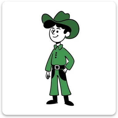Hand-drawn cowboy character with green shirt, green pants, and matching green cowboy hat, western style sticker