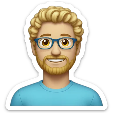 Portrait of blond man with curly hair with a goatee and blue eyes with glasses and a sky blue shirt sticker