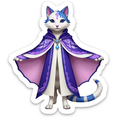 Kawaii white, indigo, purple, pink cute beautiful pretty elegant divine edgy feline-vernid-sergal-fursona-animal-creature, full body, with intricate detailed markings, Embroidered capelet, silken shawl sticker