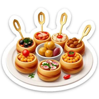 Tapas (4 Pintxos) Cinematic Realistic Tapas Dish Emoji, depicted as an assortment of 4 pintxos elegantly arranged on a plate, rendered with lifelike textures and vibrant, inviting lighting. sticker