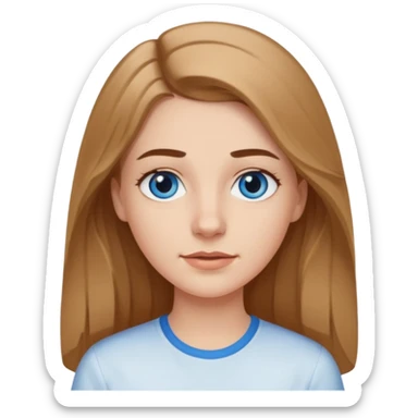 A pretty white girl with long slightly light brown hair dark eyebrows and braces and blue eyes wearing a white shirt and she has a long face sticker