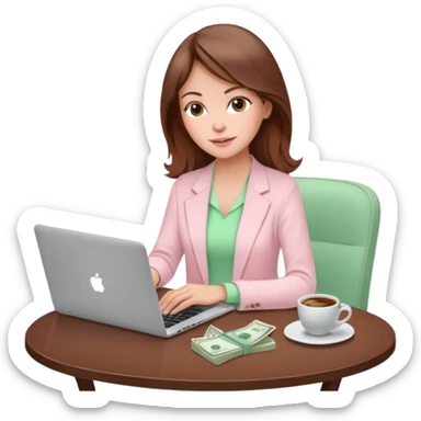  woman character dressed in pastel light pink with laptop and coffee relax table, dollars are floating, white laptop, brownn hair, fair skin,  sticker