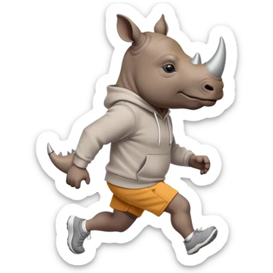 friendly anthropomorphised rhino jogging upright, wearing a hoodie and shorts, dark sunglasses, relaxed pose sticker