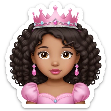 princess, medium brown skin tone, very adorable toddler, with big plump lips, long long lashes, black curly long hair, brown eyes, pink tiara sticker