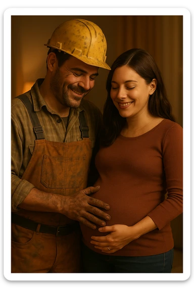 Vertical format, construction worker and pregnant wife sharing a quiet moment after repair, both smiling. Version 1. sticker
