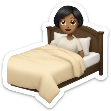girl with short black hair laying in a big bed with a beige comforter  sticker