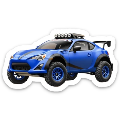 Dirty raced jacked 2013 scion fr-s ultramarine off road 4wd monster Baja dessert stadium racer number 86 with long travel suspension, mirror chrome spoke wheels, black fender flares  sticker