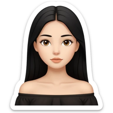 A realistic 3D avatar of a young woman with a soft oval face, slim cheeks, natural almond eyes, long straight black hair, minimal makeup, wearing a black off-shoulder top, elegant and aesthetic, tanned skintone. sticker