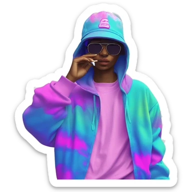 Multicoloured neon Vaporwave person smoking wearing hoodie dancing hip hop bucket hat tropical Skater fashion aesthetic baggy clothes graphic t shirt 420 sticker