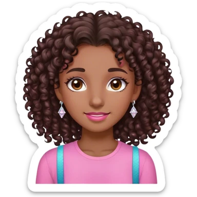 a girl named sharrol with dark brown, skin curly hair, brown eyes, pink shirt, small diamond earrings, and beaty spot on right cheek, with braces sticker