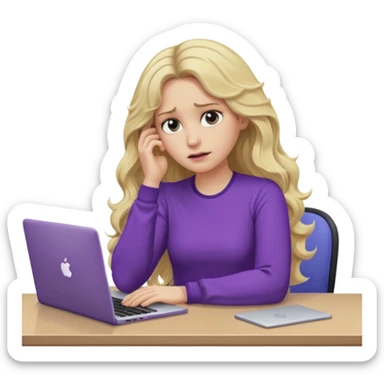 lady with long blonde wavy hair, purple top, one elbow one desk hand on face with a laptop looking defeated sticker