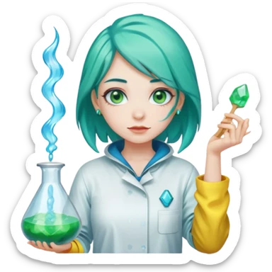 Girl with pale skin, green eyes, teal hair and facial piercings cooking blue crystal candy in a yellow hazmat suit  sticker