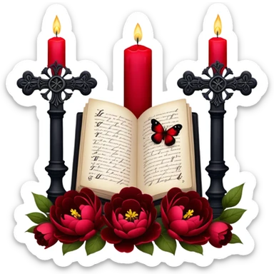 A dark, romantic composition featuring deep red peonies and pansies intertwined with blackened love letters, surrounded by glowing crimson candles. Butterflies in various shades of red flutter around Gothic crosses, creating an eerie yet passionate atmosphere. sticker